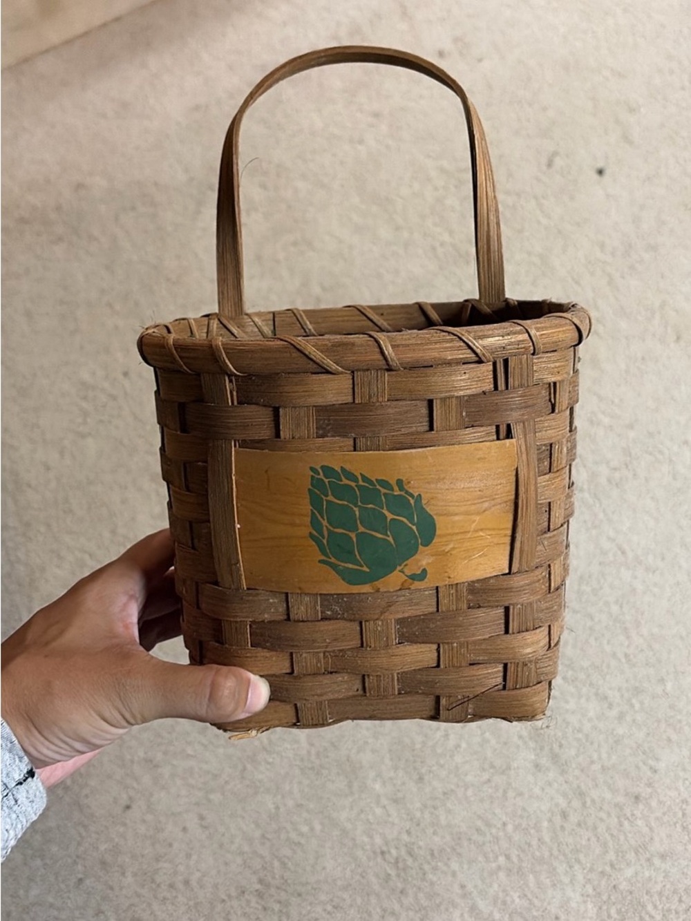 Woven Brown Handled Basket Bag with Green Leaf Accent